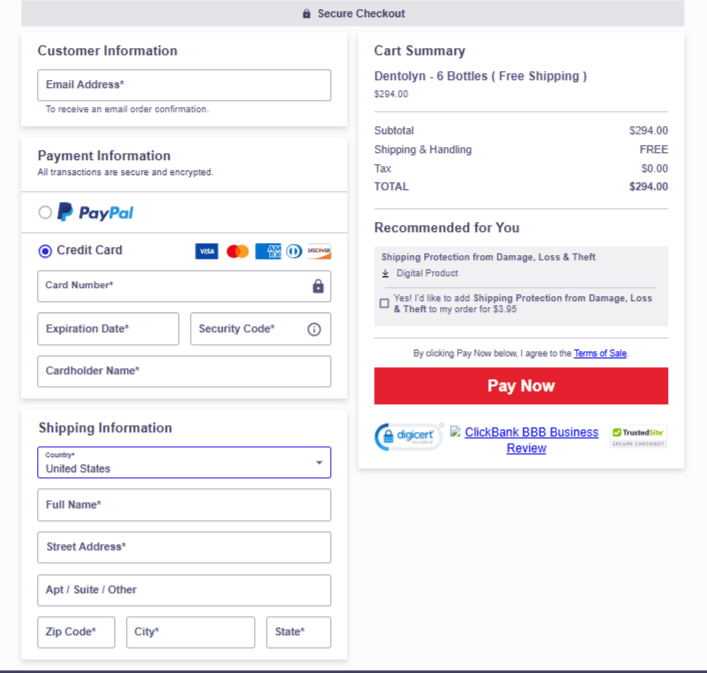 Dentolyn secure order page with SSL encryption